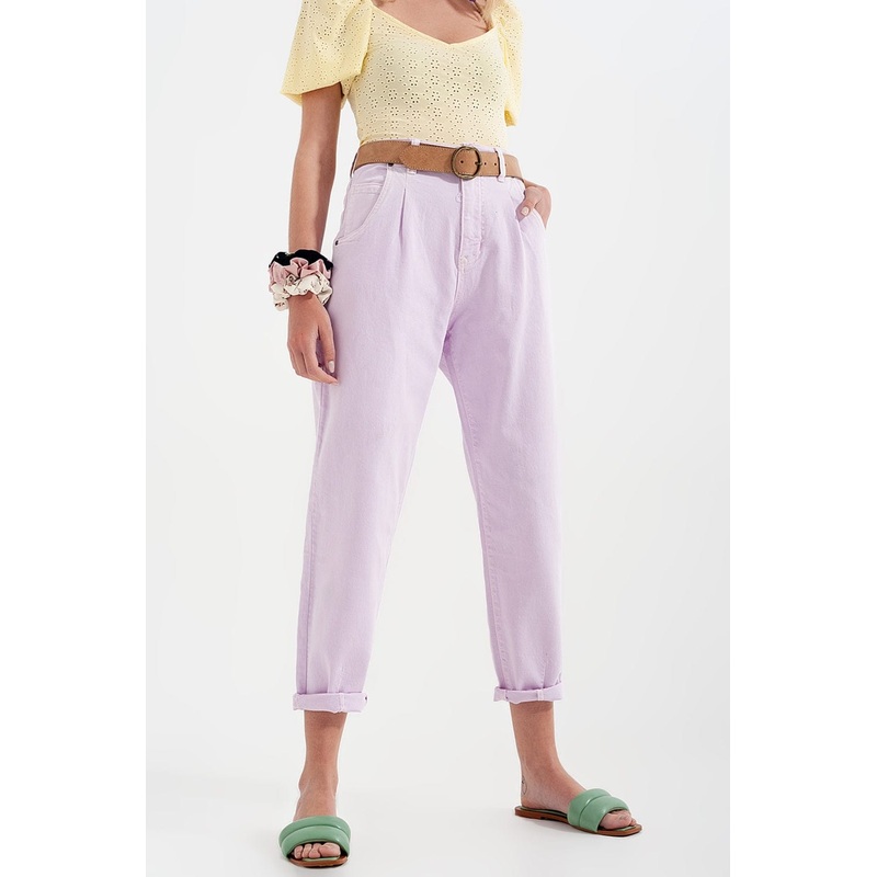 High Rise Mom Jeans With Pleat Front In Lilac