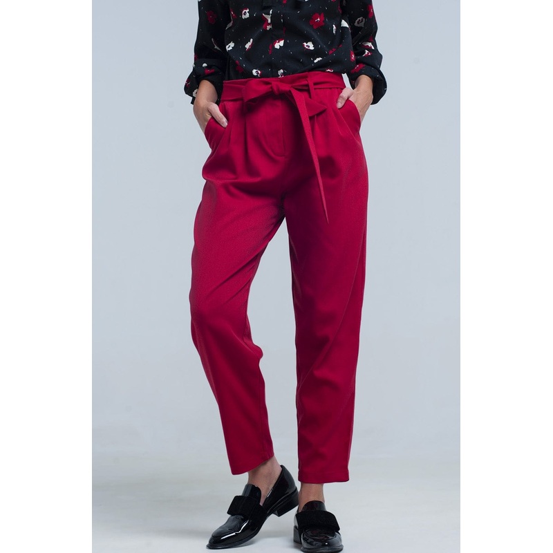 High Waist Red Pants With Belt