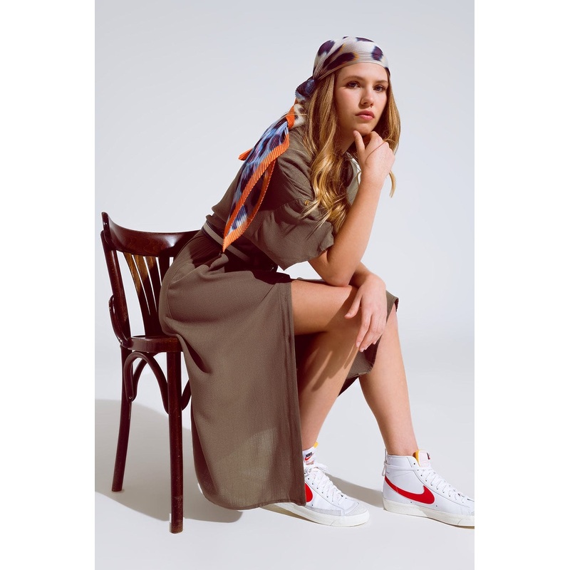 Khaki Midi Button Down Dress With Short Sleeves And Matching Belt