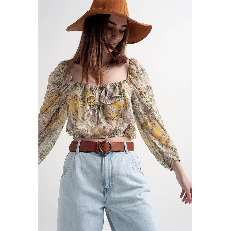 Long Sleeve Sheer Top With Shirred Waist And Tie Detail In Cachemir