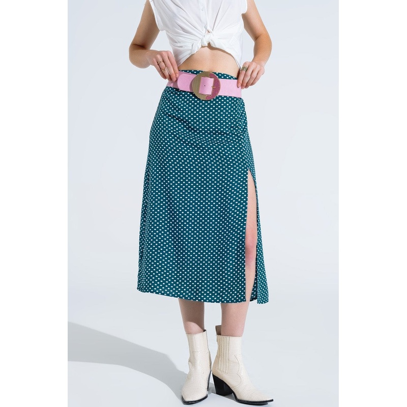 Maxi Skirt In Green With Flower Print And Side Slit