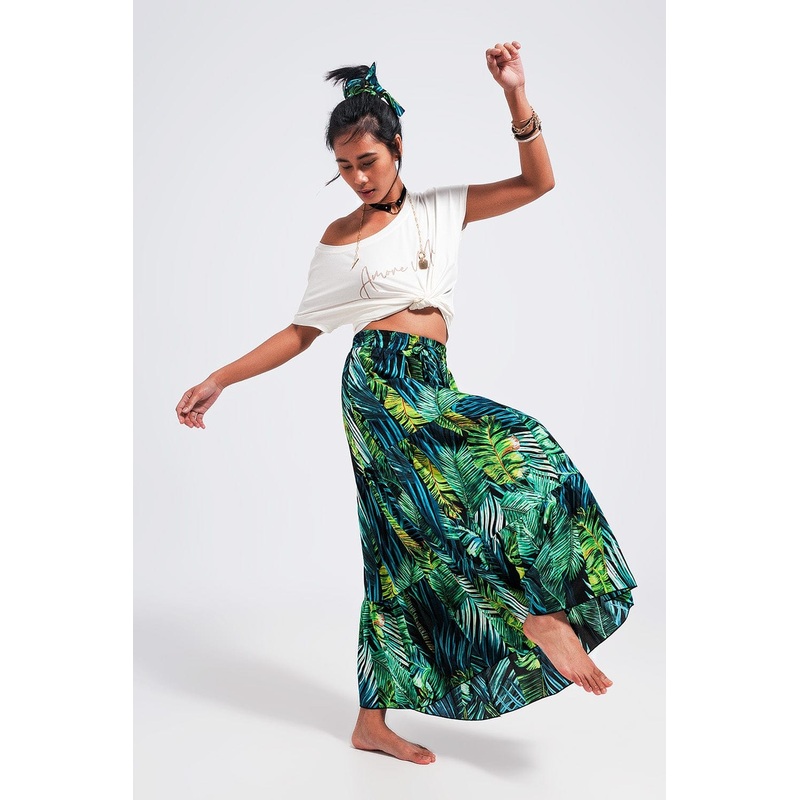 Maxi Tiered Skirt In Green Tropical Print