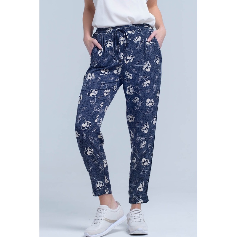 Navy Blue Pants With Floral Print