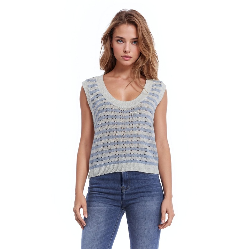Open Knit Cropped Striped Sleeveless Sweater In Blue And White