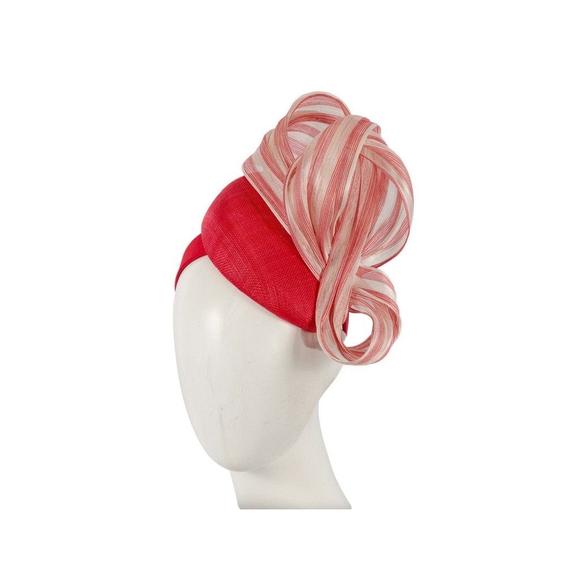 Red pillbox fascinator with stripy silk abaca bow by Fillies Collection