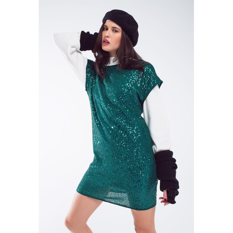 Relaxed Sequin Dress With Short Sleeves And Open Back In Green