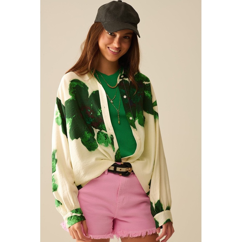 Relaxed Shirt In With Big Flowers Print In Green