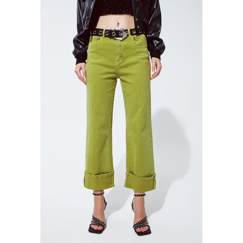 Straight Leg Jeans With Cropped Hem In Olive Green