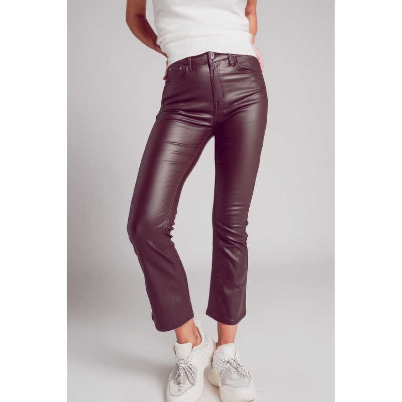 Stretch Faux Leather Flare Pants In Brown