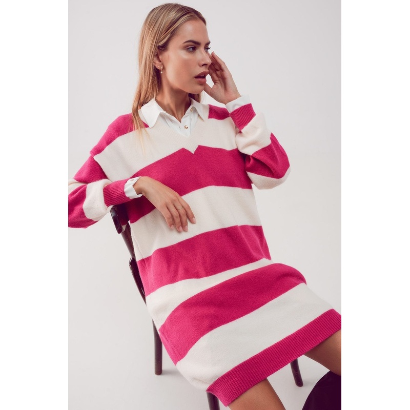 Stripe Jumper Dress In Fuchsia