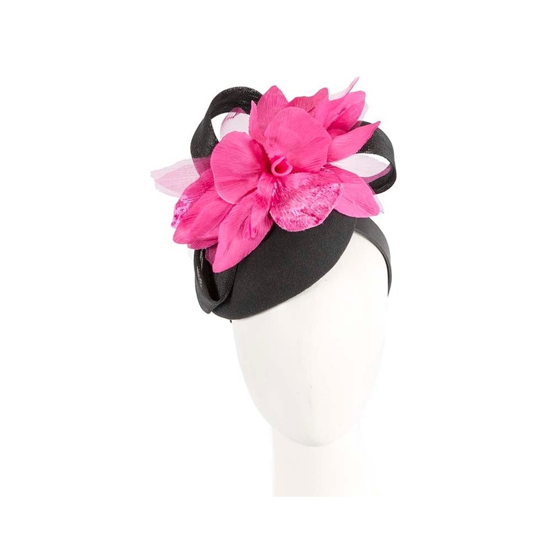 Tall black & fuchsia winter racing pillbox fascinator by Fillies Collection