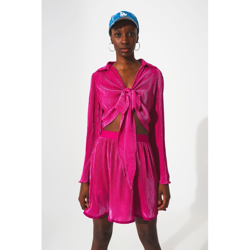 Tie Front Pleated Crop Top  In Fuchsia