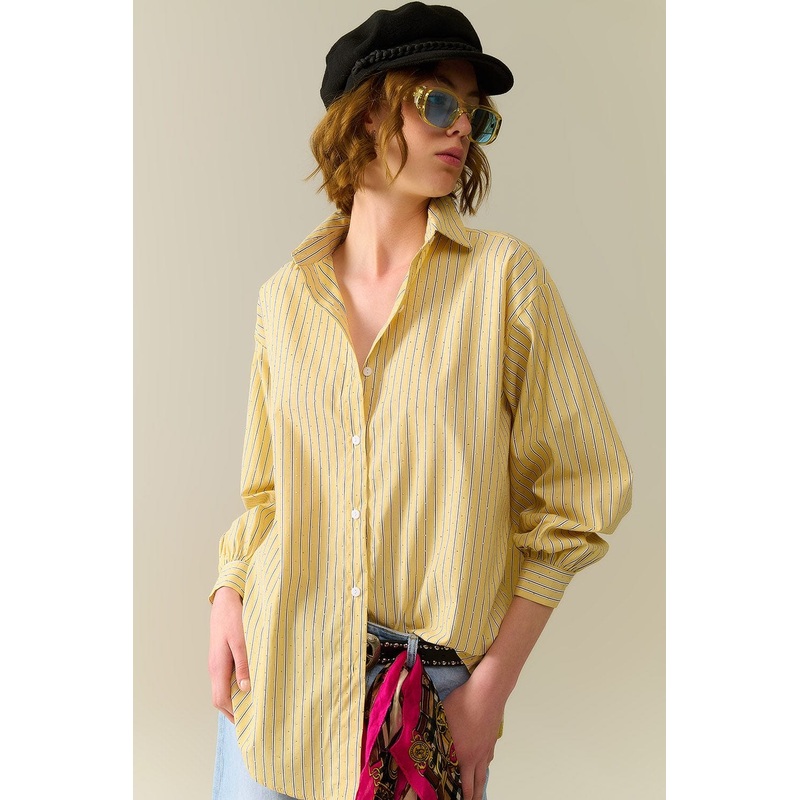 Yellow Striped Poplin Shirt Embellished With Strass