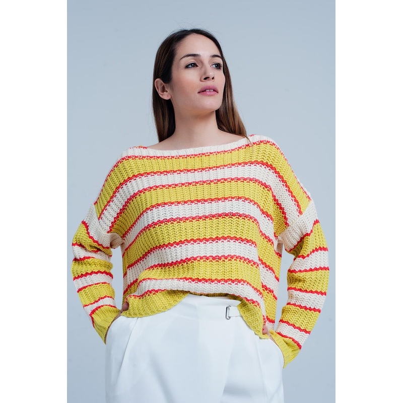 Yellow Striped Rib Stitch Knitted Sweater