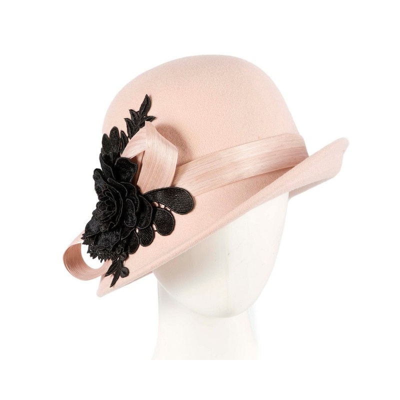 Beige felt cloche hat with lace by Fillies Collection