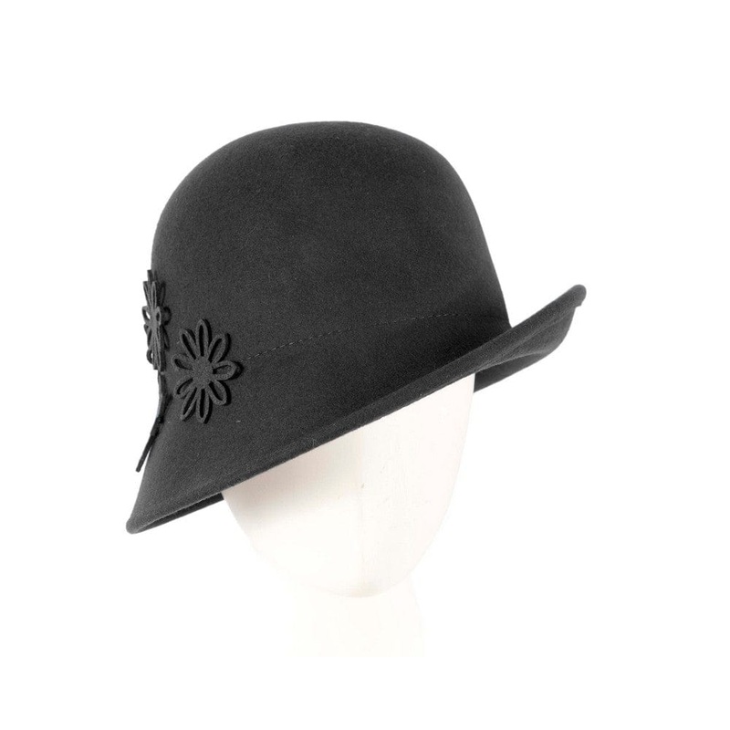 Black felt cloche hat with flowers by Max Alexander