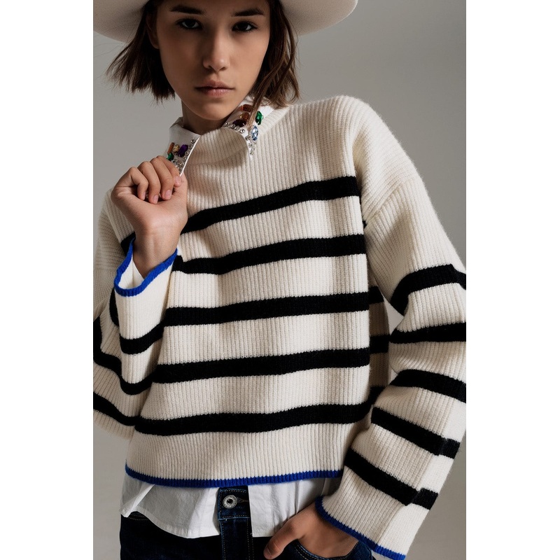 Black Striped Jumper With Blue Stripe Detail On The Bottom