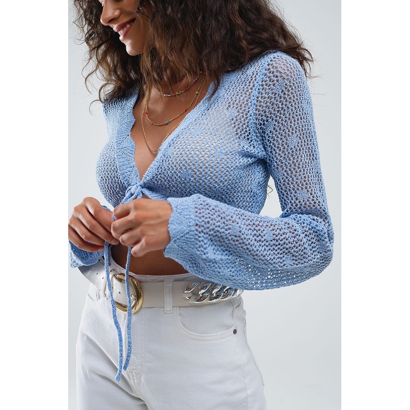 Blue Short Crochet Cardigan With Lurex Detail