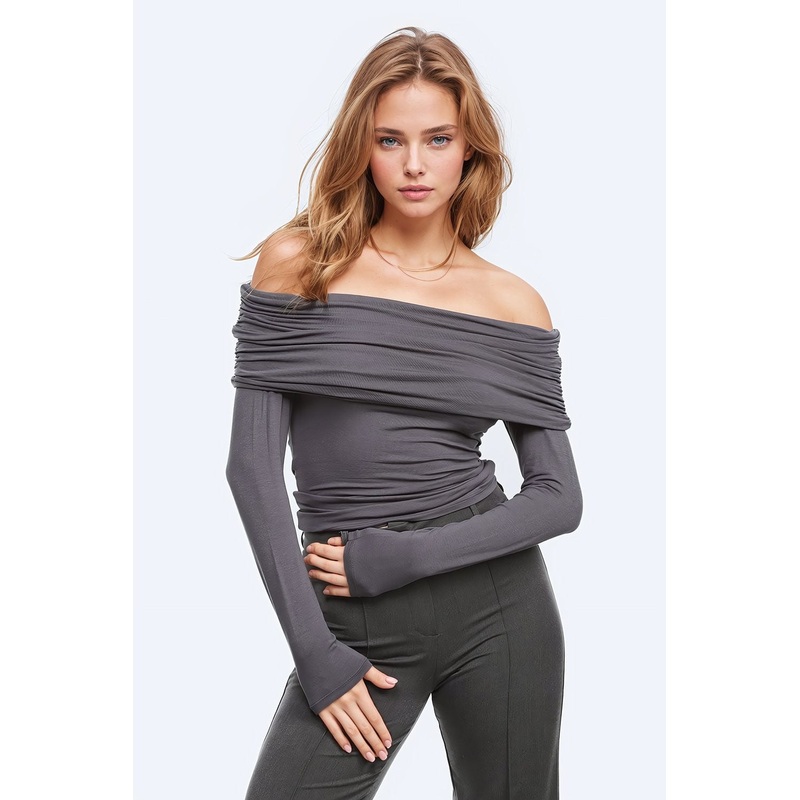 Bodycon Off Shoulder Top In Grey