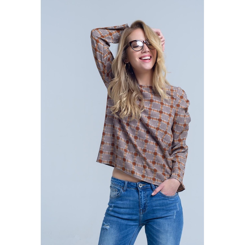 Brown Top With Check Print