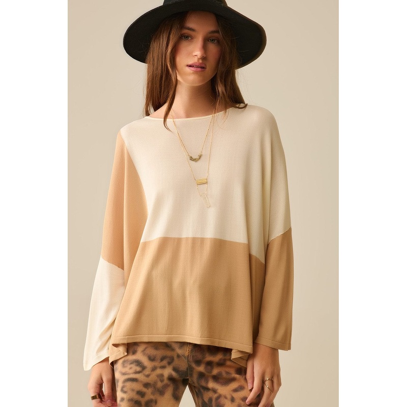 Color Block Bat Wing Sweater In White And Camel