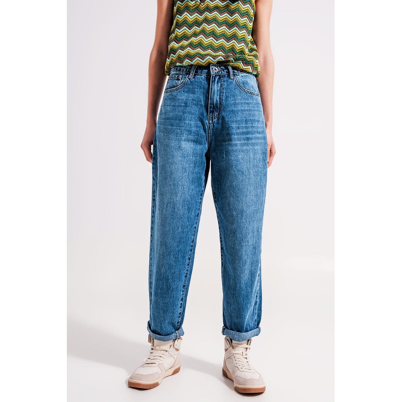 Cotton High Waist Mom Jeans In Medium Blue