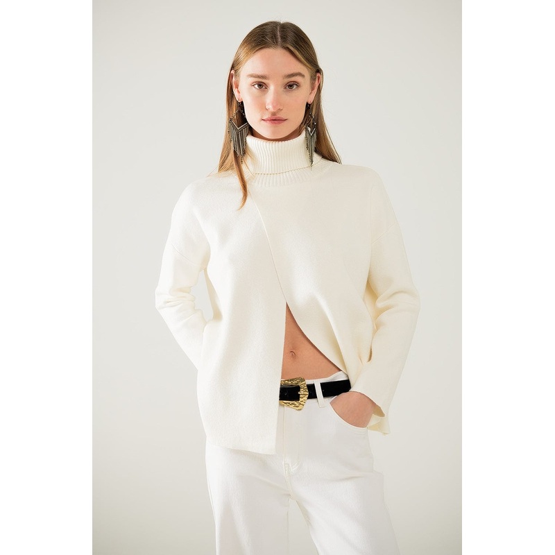 Cream Soft Knit Turtleneck Sweater With Front Slit