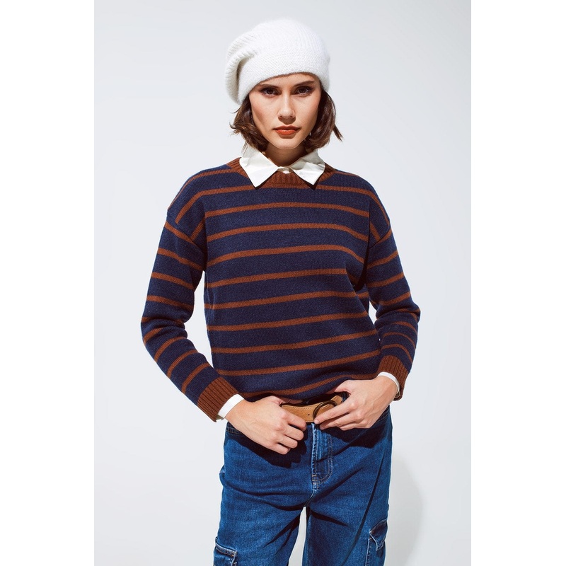Crew Neck Stripy Sweater In Navy And Rust Orange