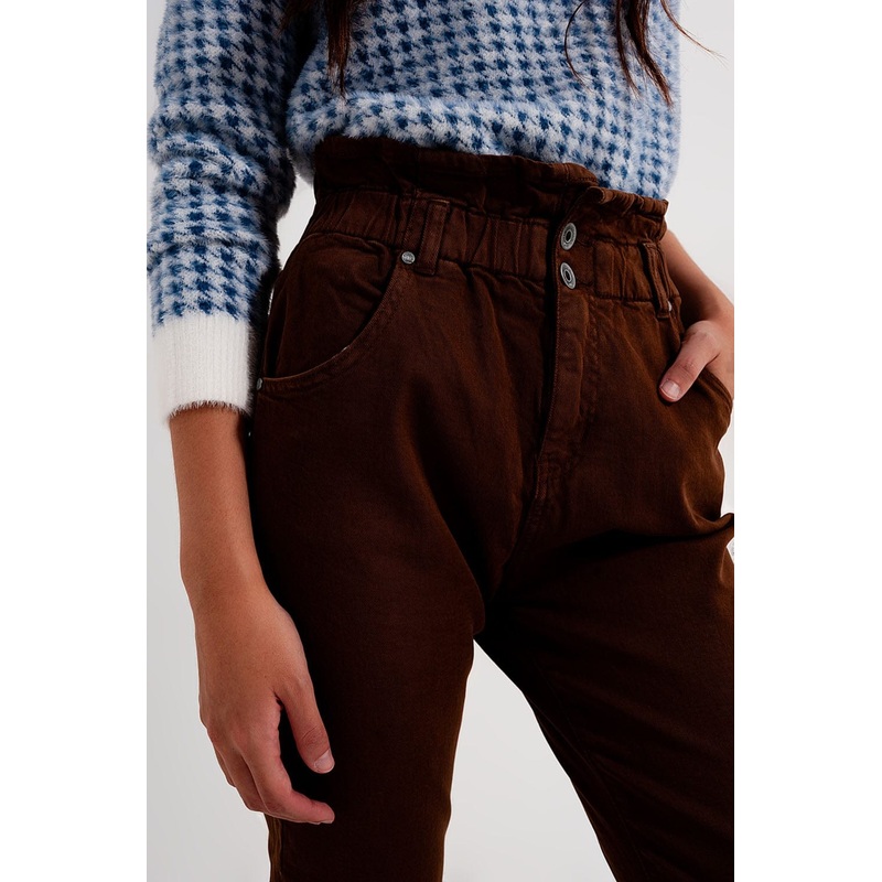 Elasticated Paper Bag Waist Mom Jean In Brown