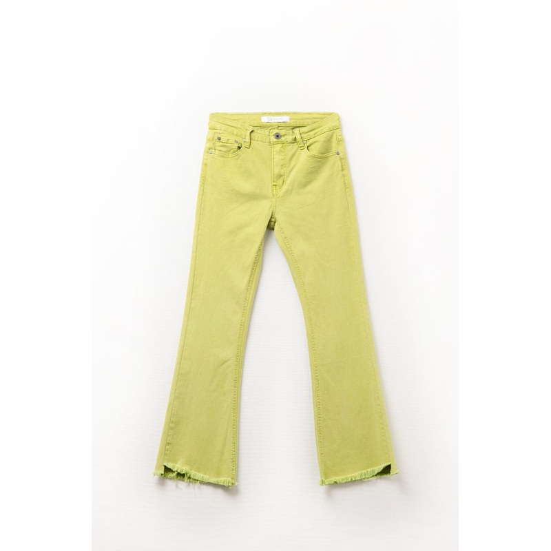 Flare Jeans With Raw Hem Edge In Lime Color