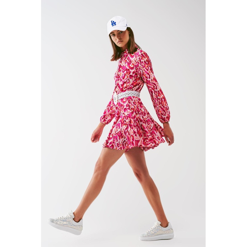 Floral Print Mini Pleated Dress In Pink