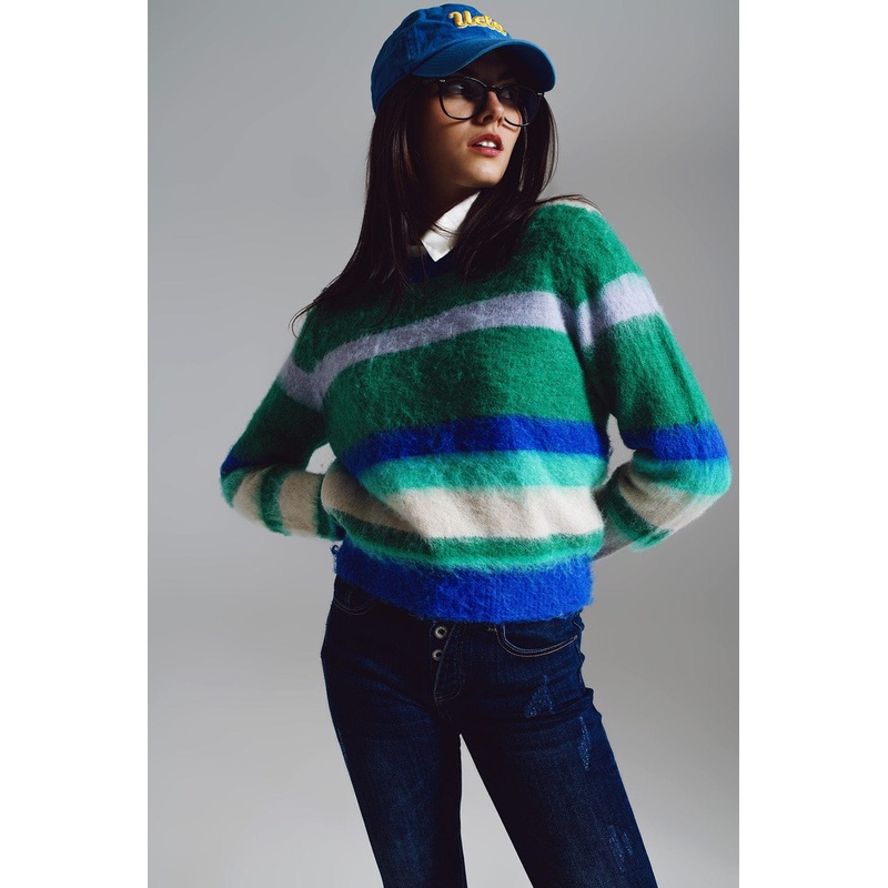 Fluffy Stripy Sweater In Shades Of Blue Green And White