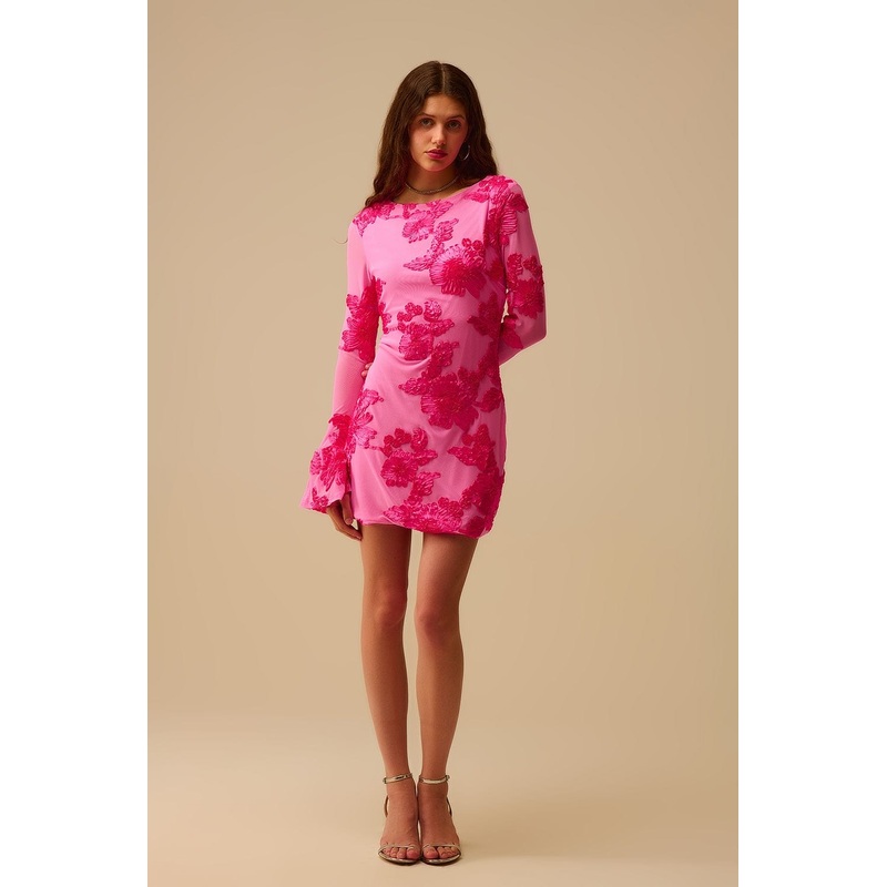 Fuchsia Chiffon Mini Dress With Floral Brocade