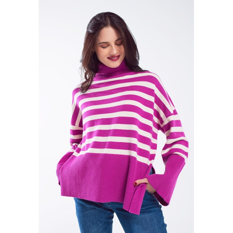 Fuchsia Oversized Trutleneck Sweater With White Stripes And Splits On The Side