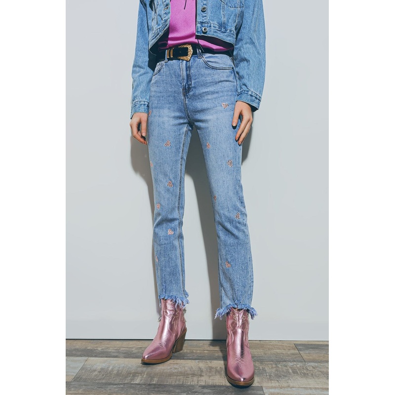 Heart Embellished Jeans With Teared Hem In Med Wash