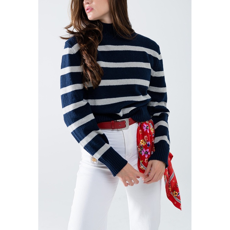 High Neck Striped Sweater In Navy And Grey