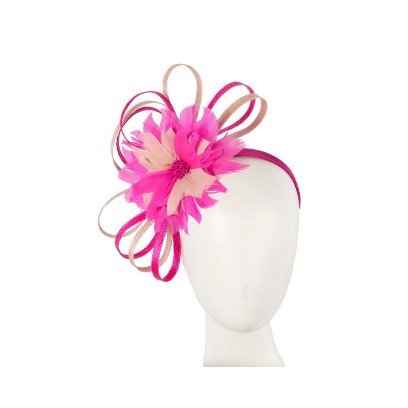 Large fuchsia & blush feather flower fascinator by Max Alexander
