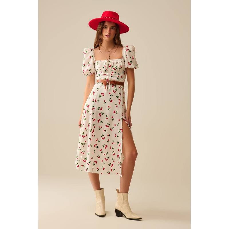 Midi Cherry Print Dress With Puff Sleeves