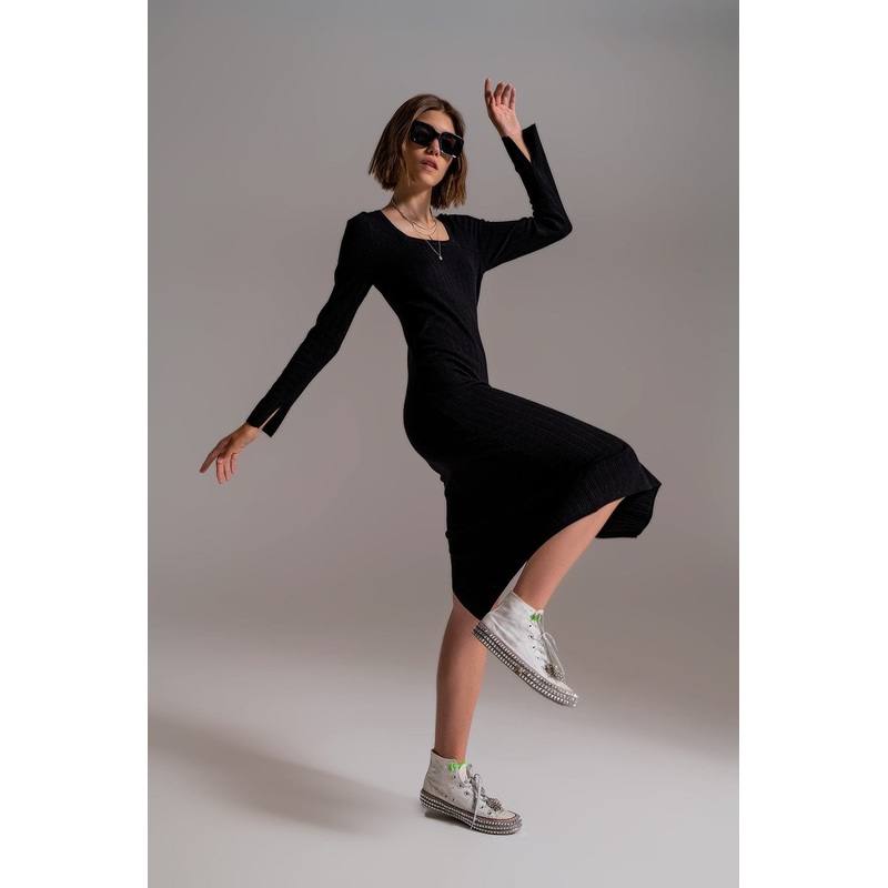 Midi Knit Dress With Square Neckline In Black