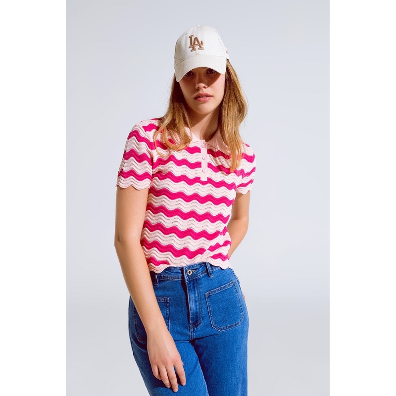 Pink Polo With Fuchsia Wavy Stripes