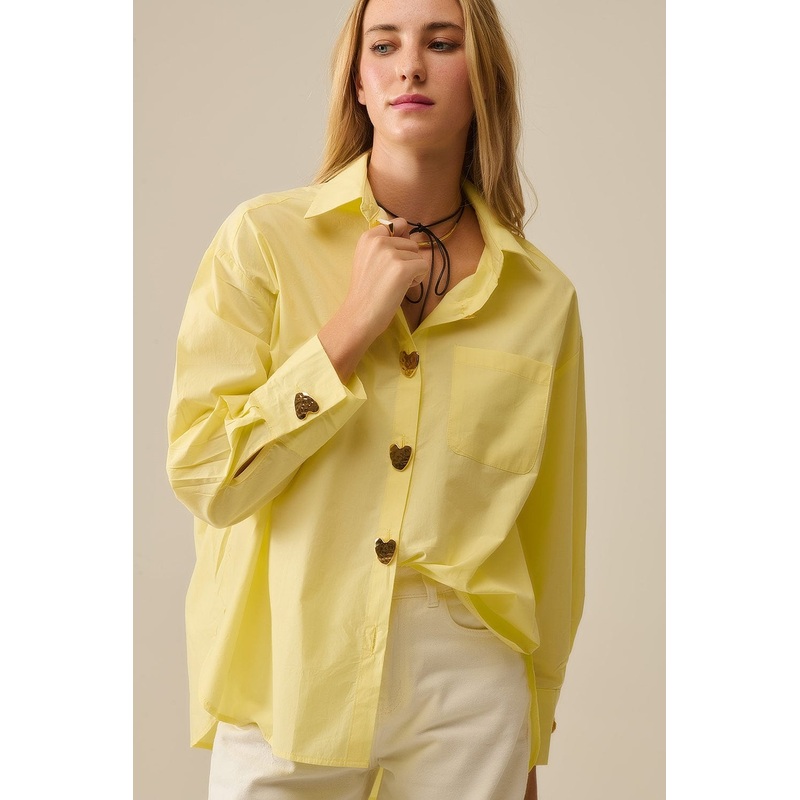 Relaxed Poplin Shirt With Gold Heart Buttons In Yellow