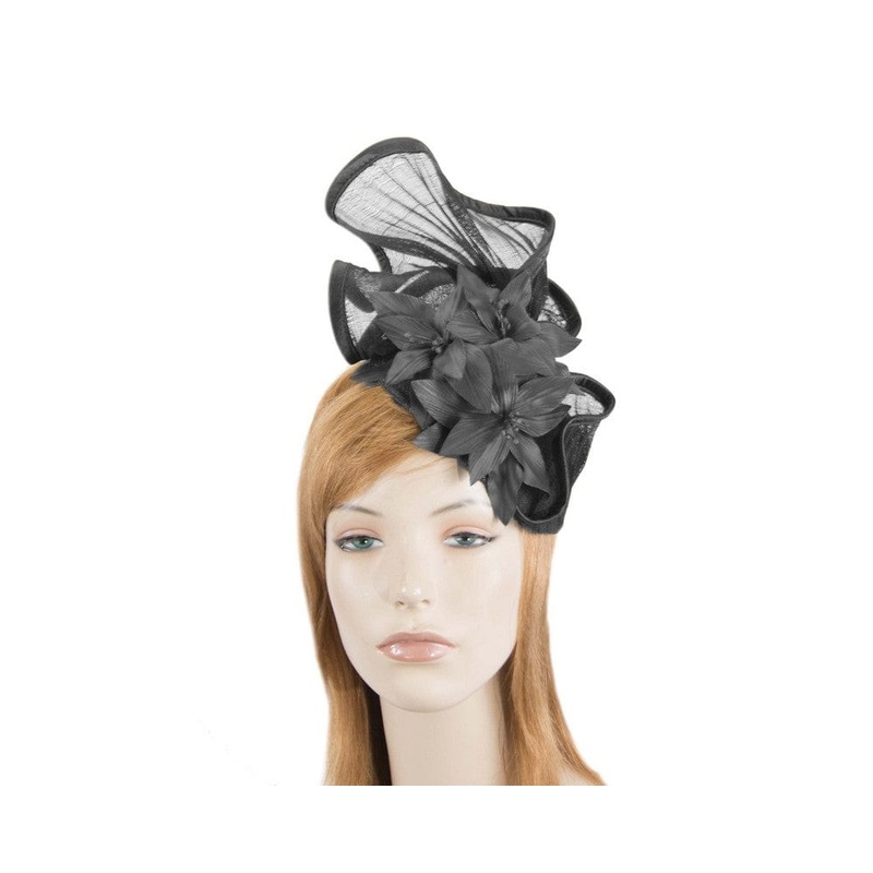 Sculptured black fascinator with leather flowers