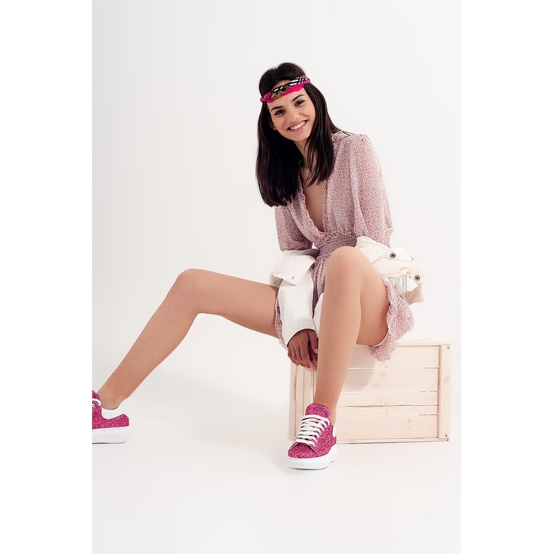 Shirred Mini Skater Long Sleeve Dress In Pink Floral