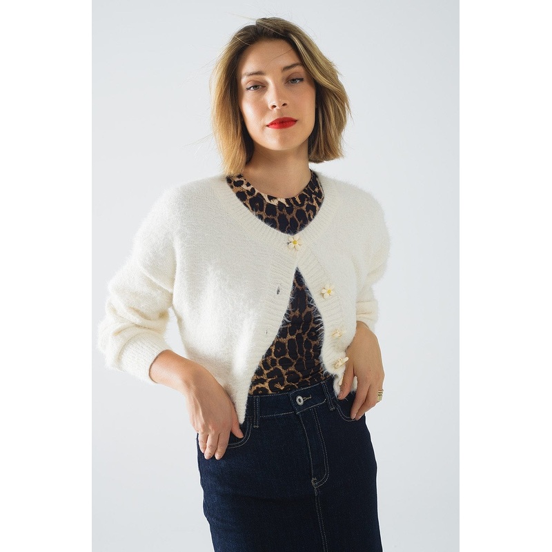 Short And Fluffy Cream Cardigan With Flower Buttons