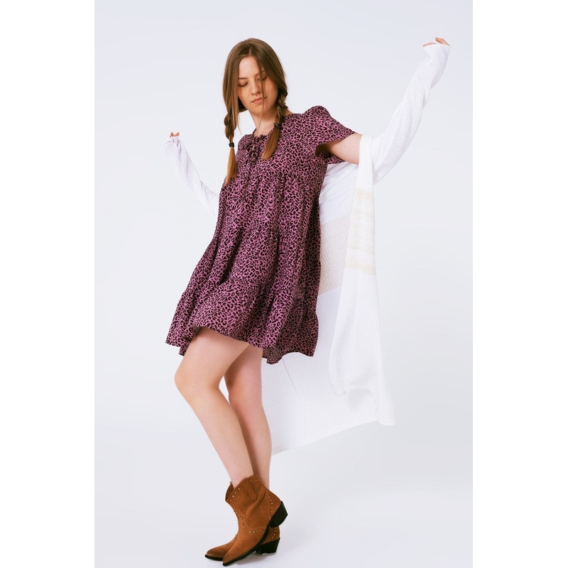 Short Sleeve Baby Doll Dress With Neck Detail In Purple Leopard Print