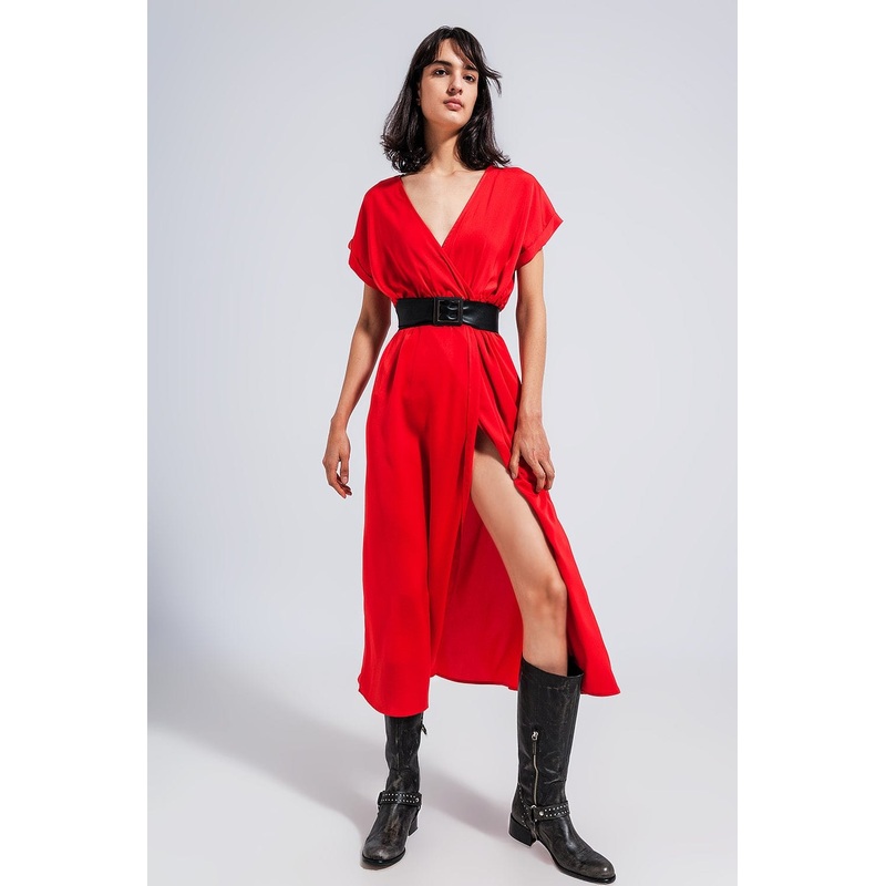 Short Sleeve Satin Maxi Dress In Red