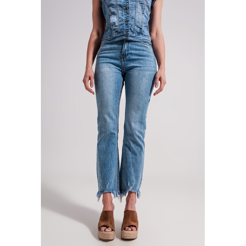 Straight Leg Fray Hem Jeans In Blue