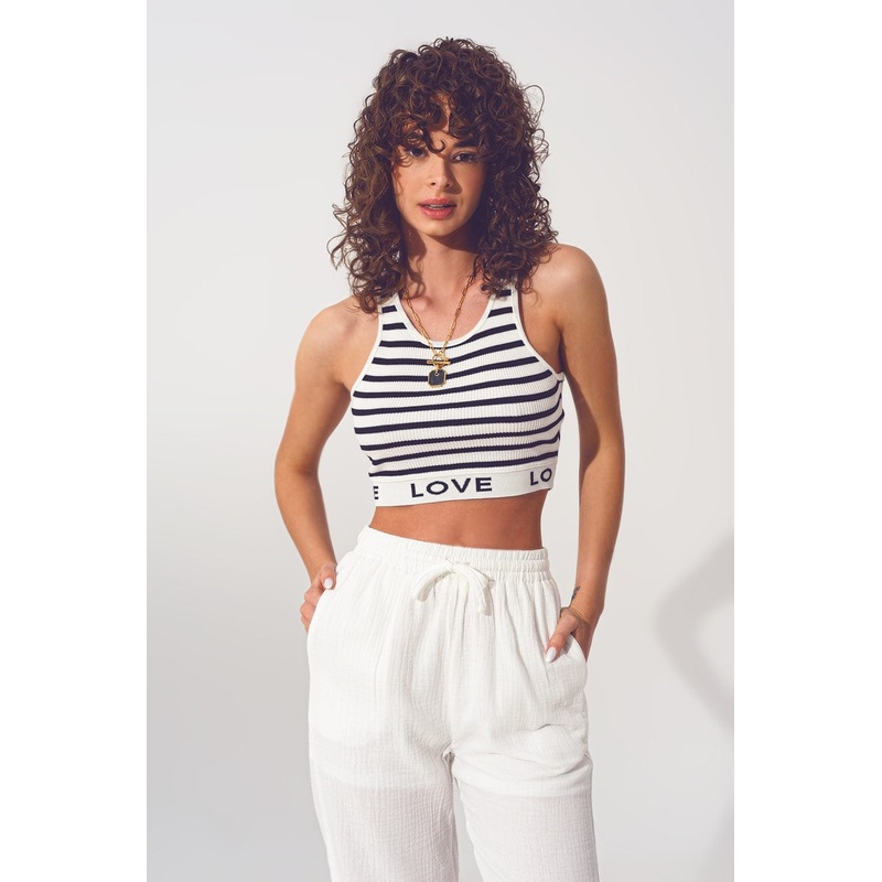 Striped Cropped Top With Love Text In White