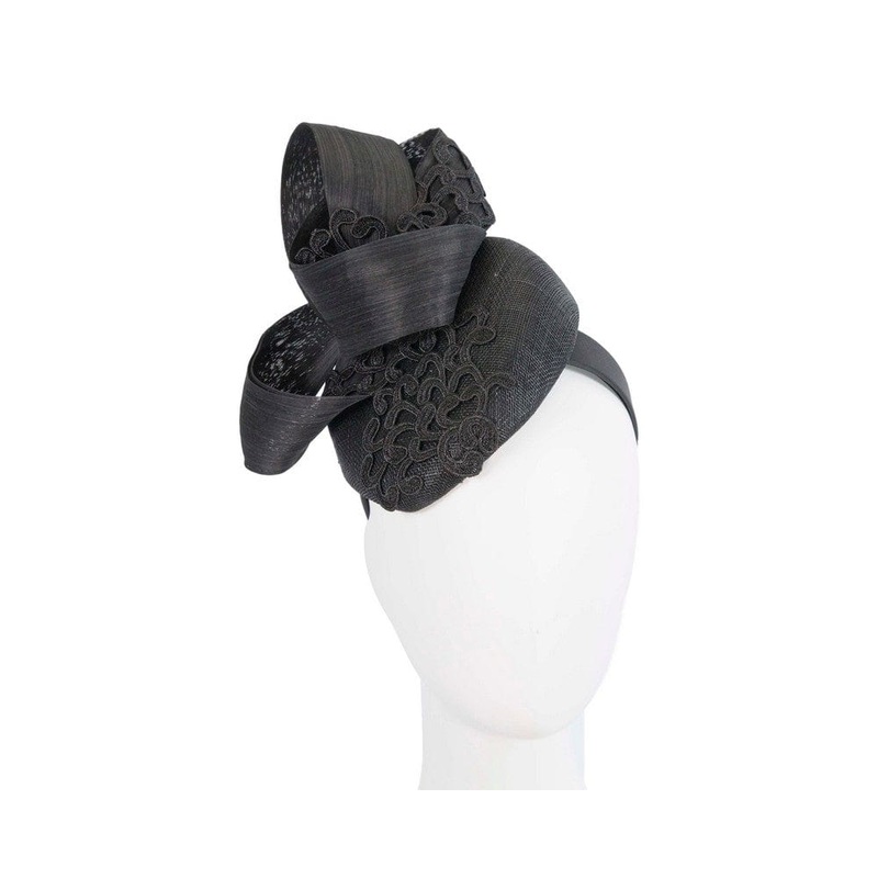 Stunning black pillbox fascinator with lace by Fillies Collection