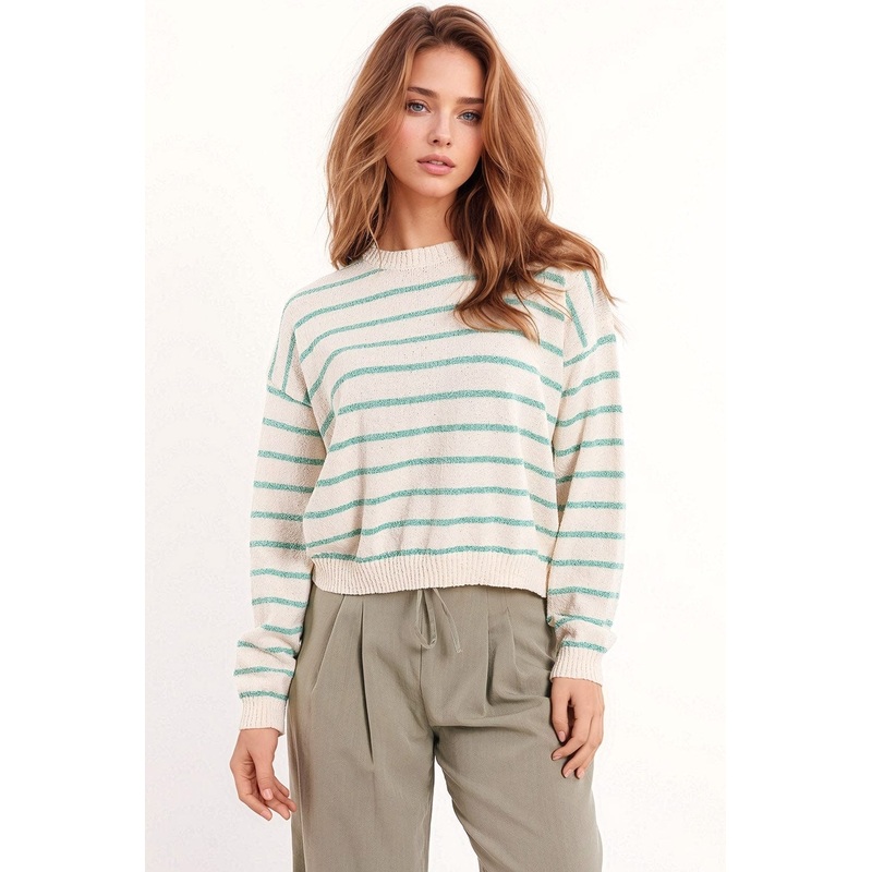 Sweater With Drop Shoulders In White With Green Stripes